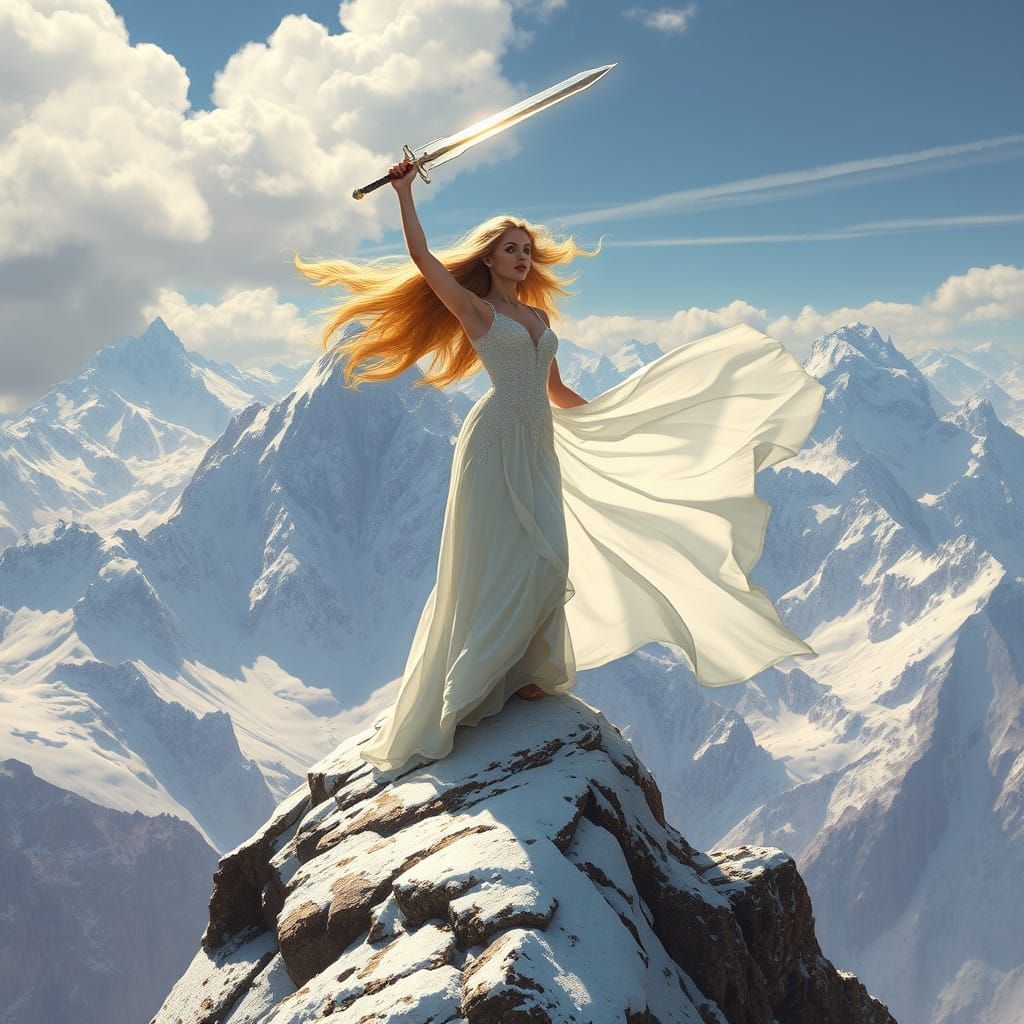 Ethereal Woman Triumphs Amidst Majestic Mountain Landscapes