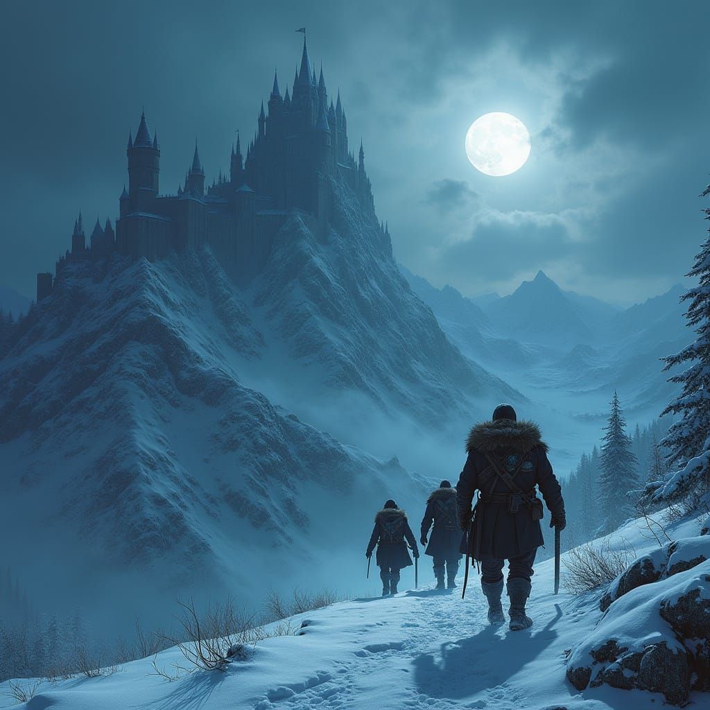 Dark Fantasy Adventurers Ascend Snow-Covered Mountain to Cas...