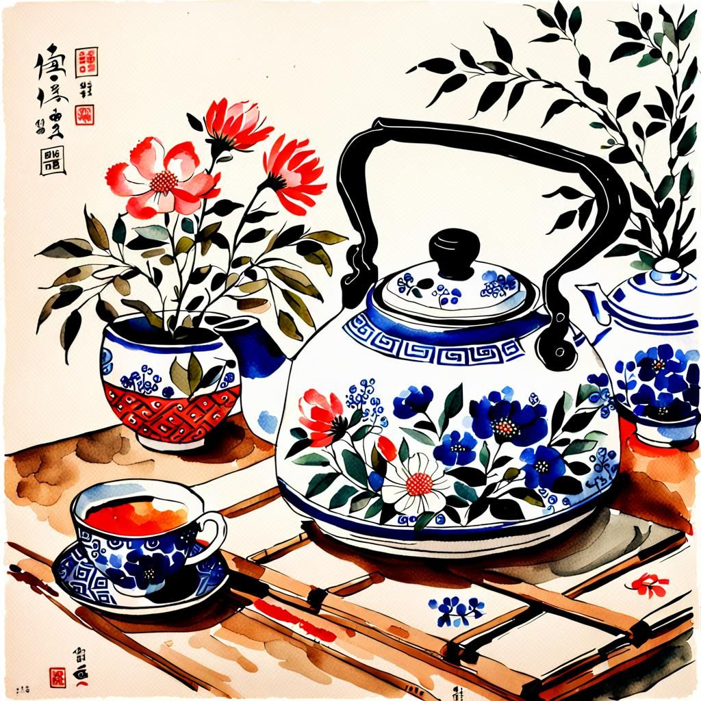 Oriental Still Life with Tea Kettle and Flowers