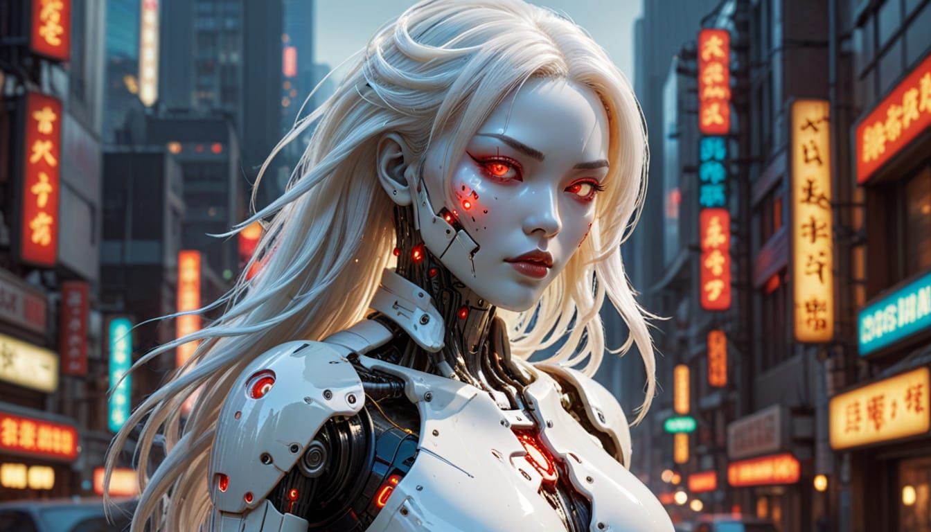 Terrifying Gynoid Cyborg with Cyberpunk City Background