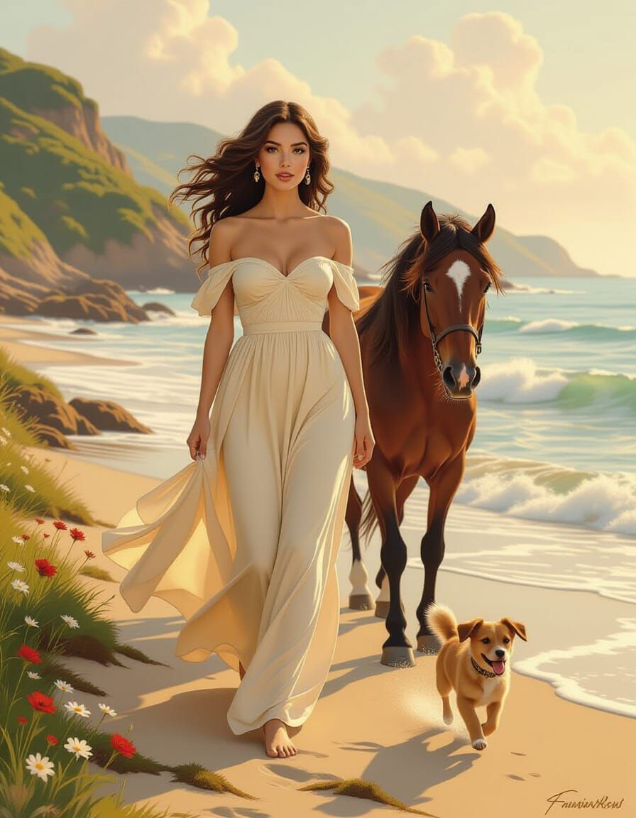 Woman, Horse, and Dog on a Serene Shoreline