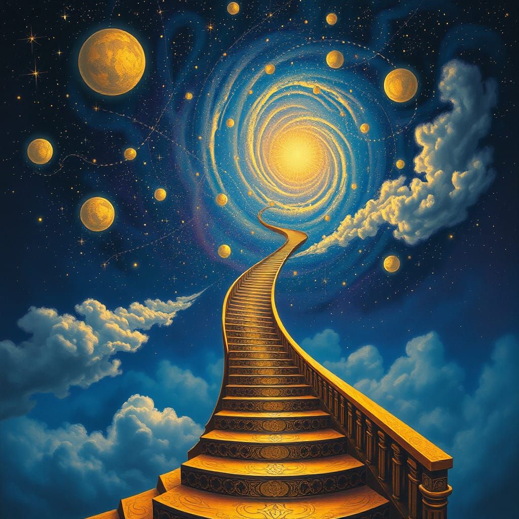 Mystical Celestial Staircase in Golden Hues, Escaping Infini...