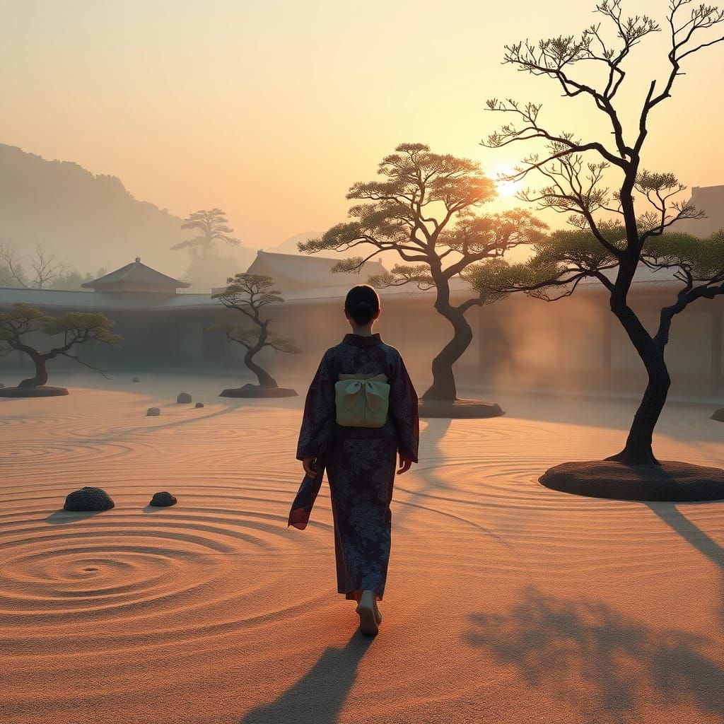Tranquil Japanese Zen Garden at Sunrise with Bonsai and Mist