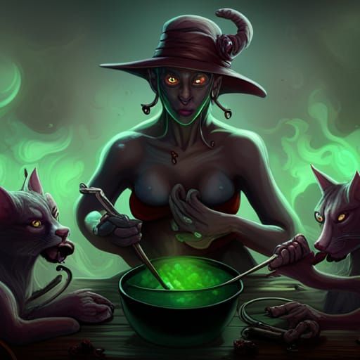 Ugly Bald Witch with Three-Headed Cat in Dark Fantasy