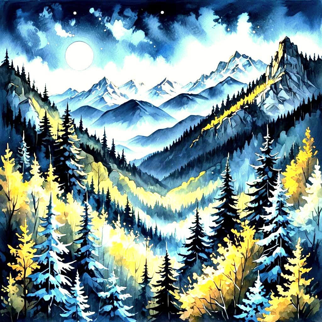 Snowy Mountains and Forest in Gouache Style