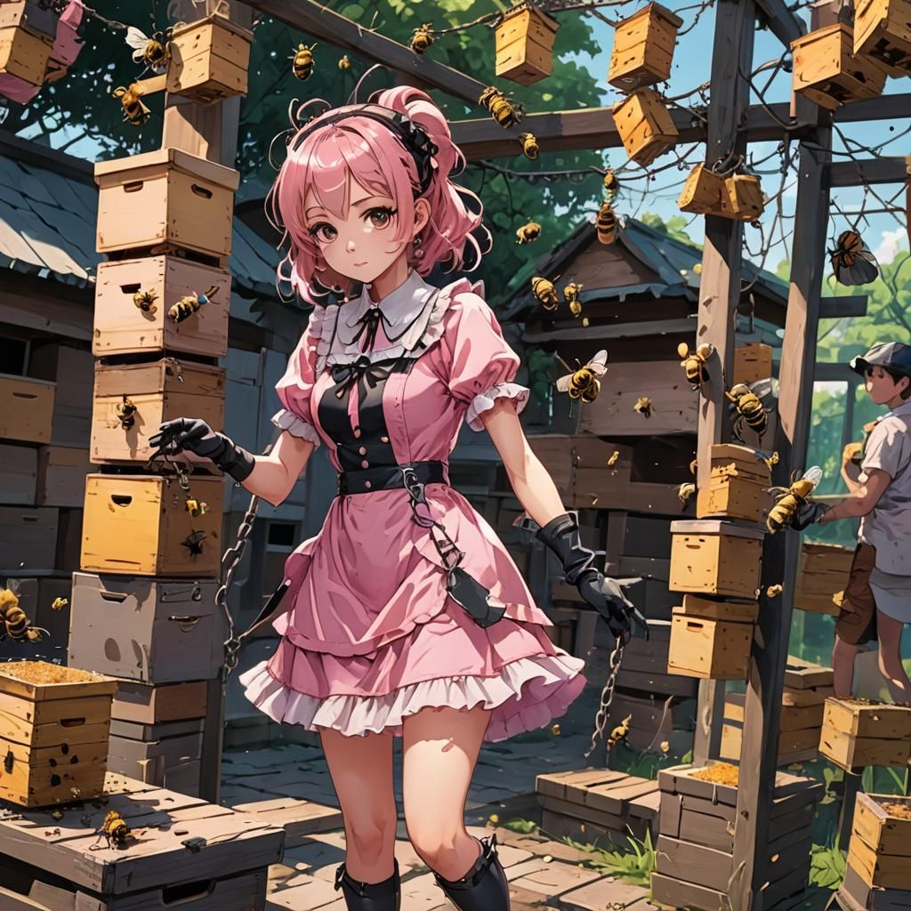 Man in Pink Dress Surrounded by Beehives