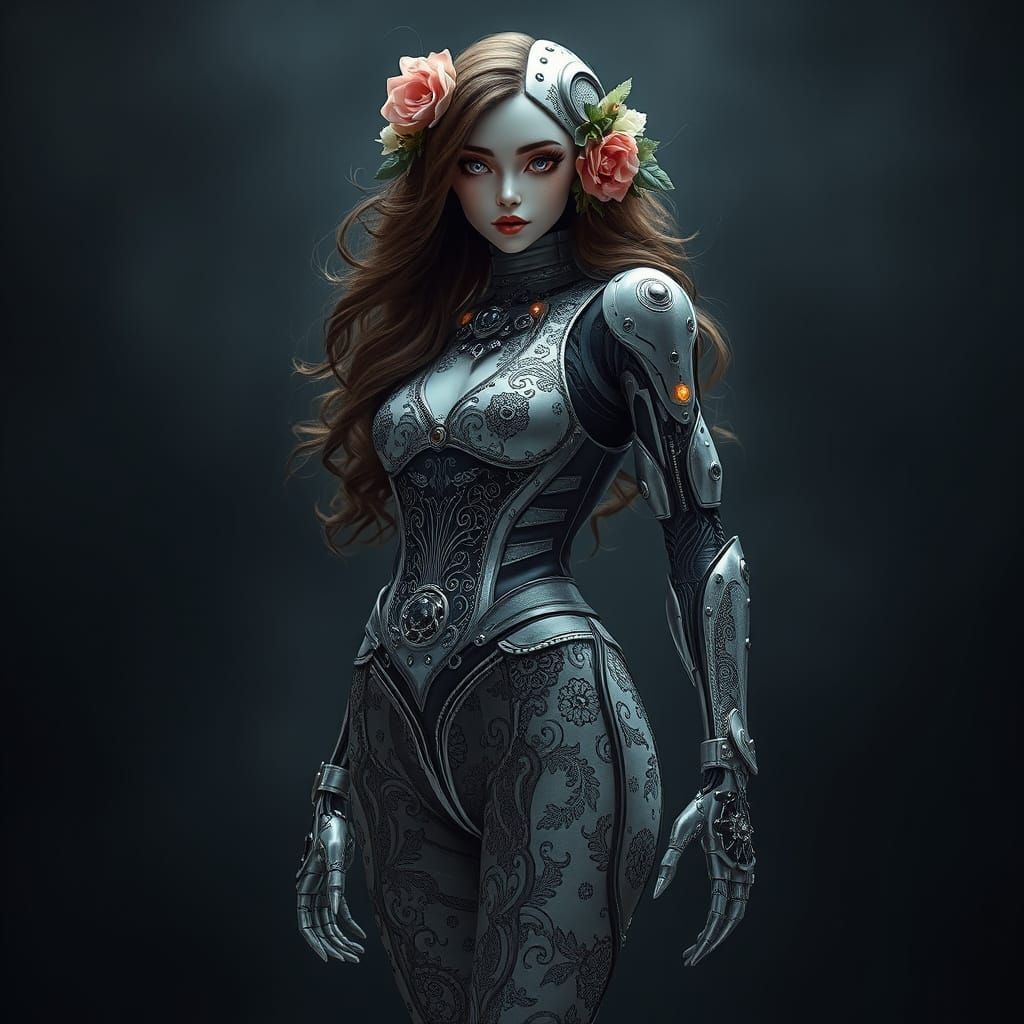 Elegant Steampunk Cyborg with Floral Metal Body