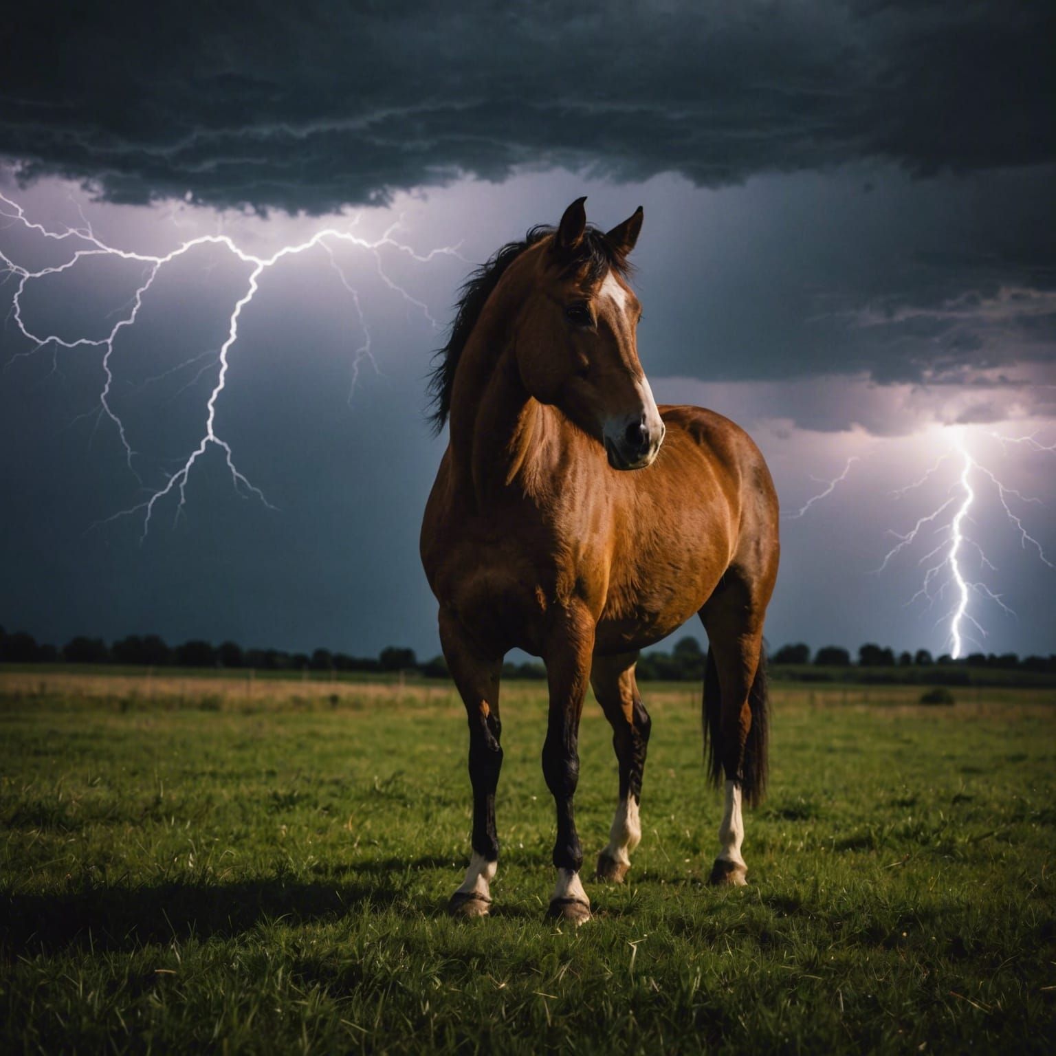 Horse in Field During Nighttime Thunderstorm