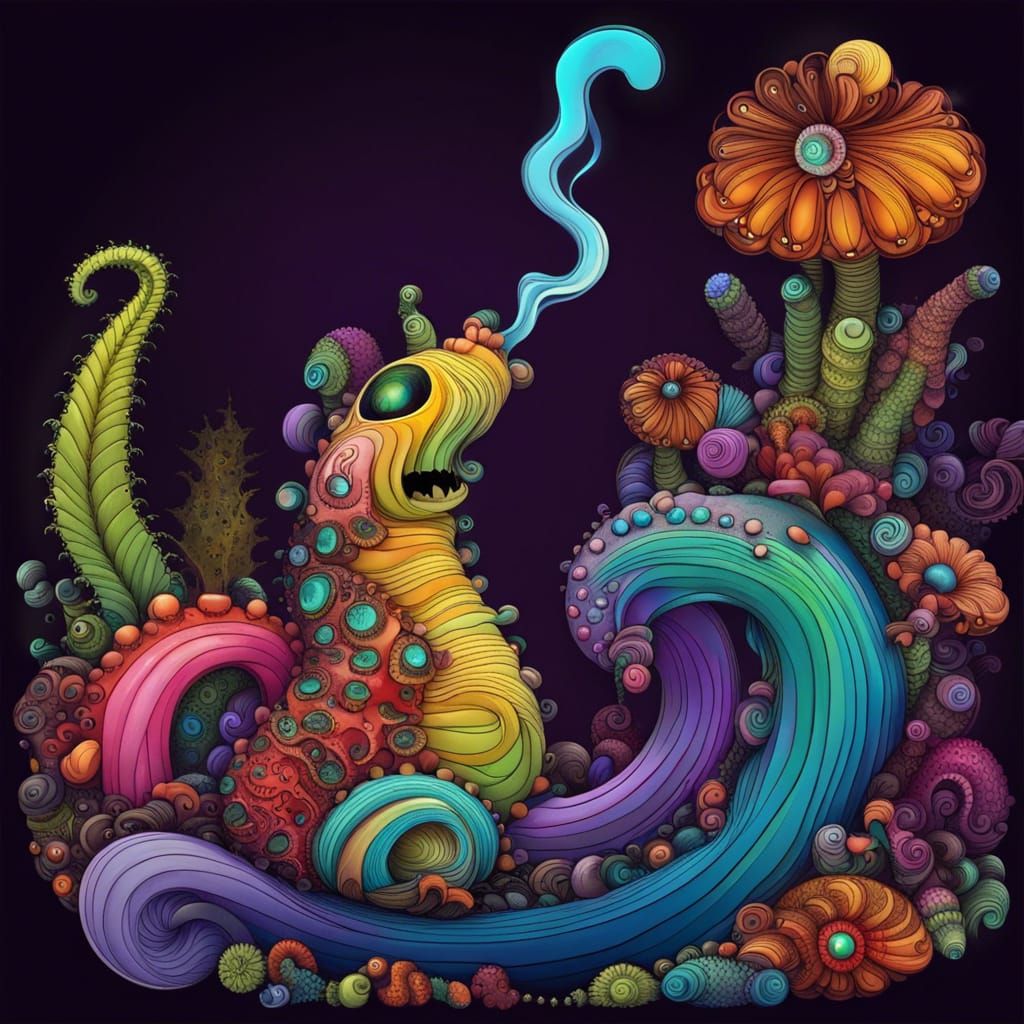 Caterpillar Smoking Hookah on a Mushroom: Fractal Art