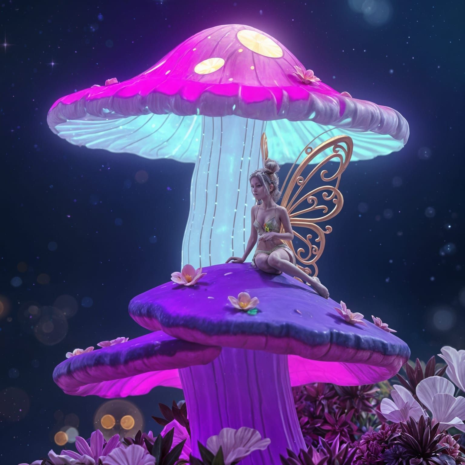 Neon Fairy on Fluorescent Mushroom in Astral Style