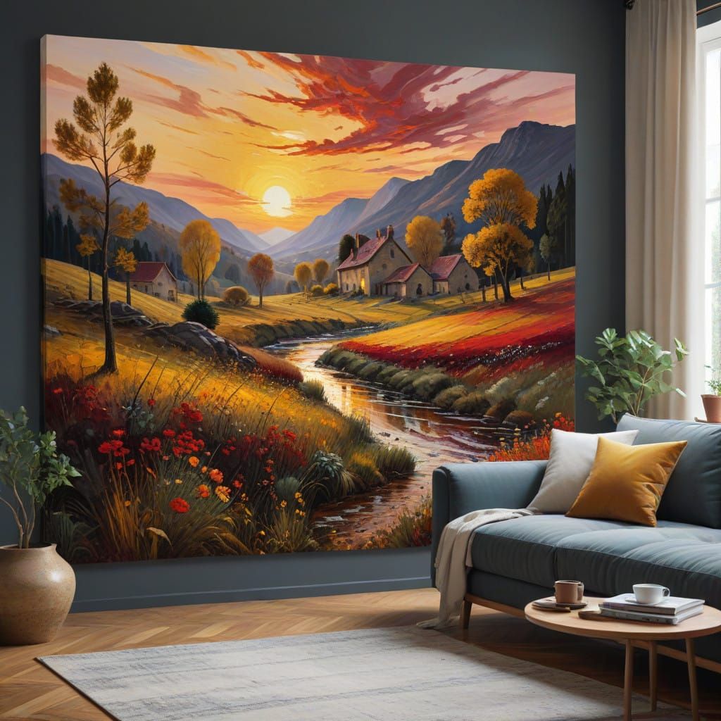 Vibrant Hillside Sunset in Neo-Expressionist Style