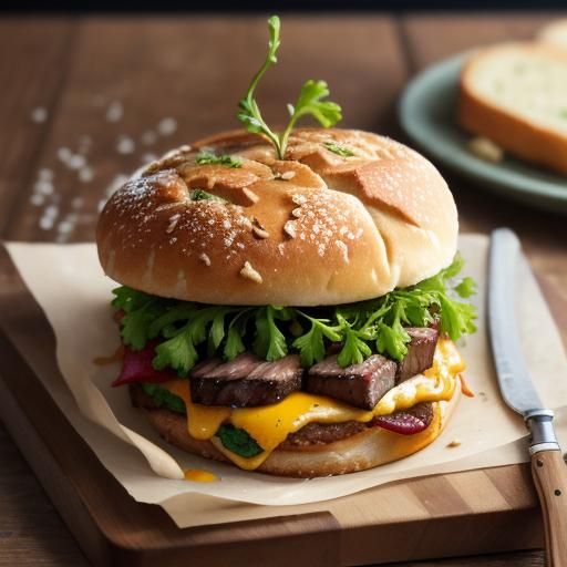 Warm Rustic Steak Sandwich Close-up in Golden Hour Lighting
