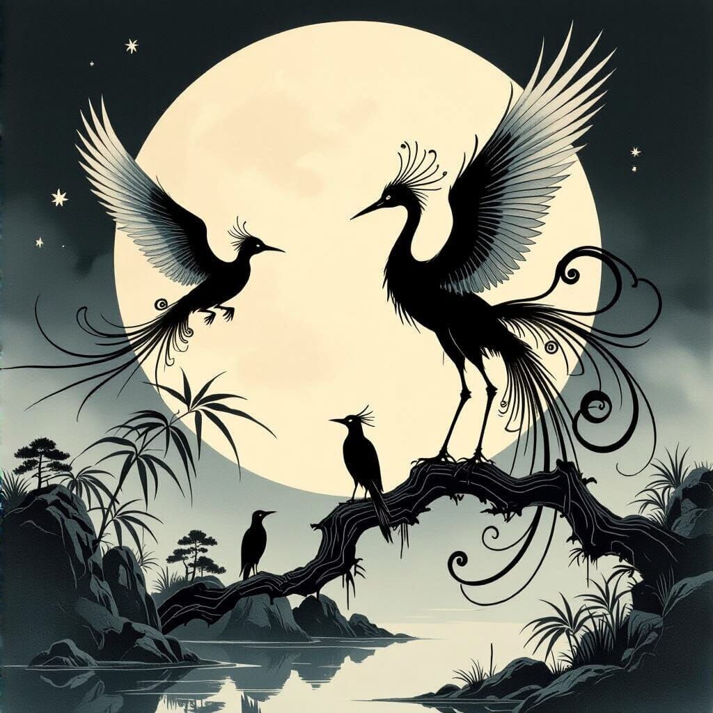 Japanese Ink Silhouette with Dragon-Bird Hybrids