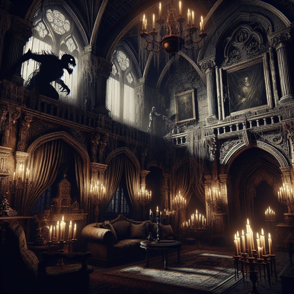 Eerie Gothic Manor Scene in Darkness