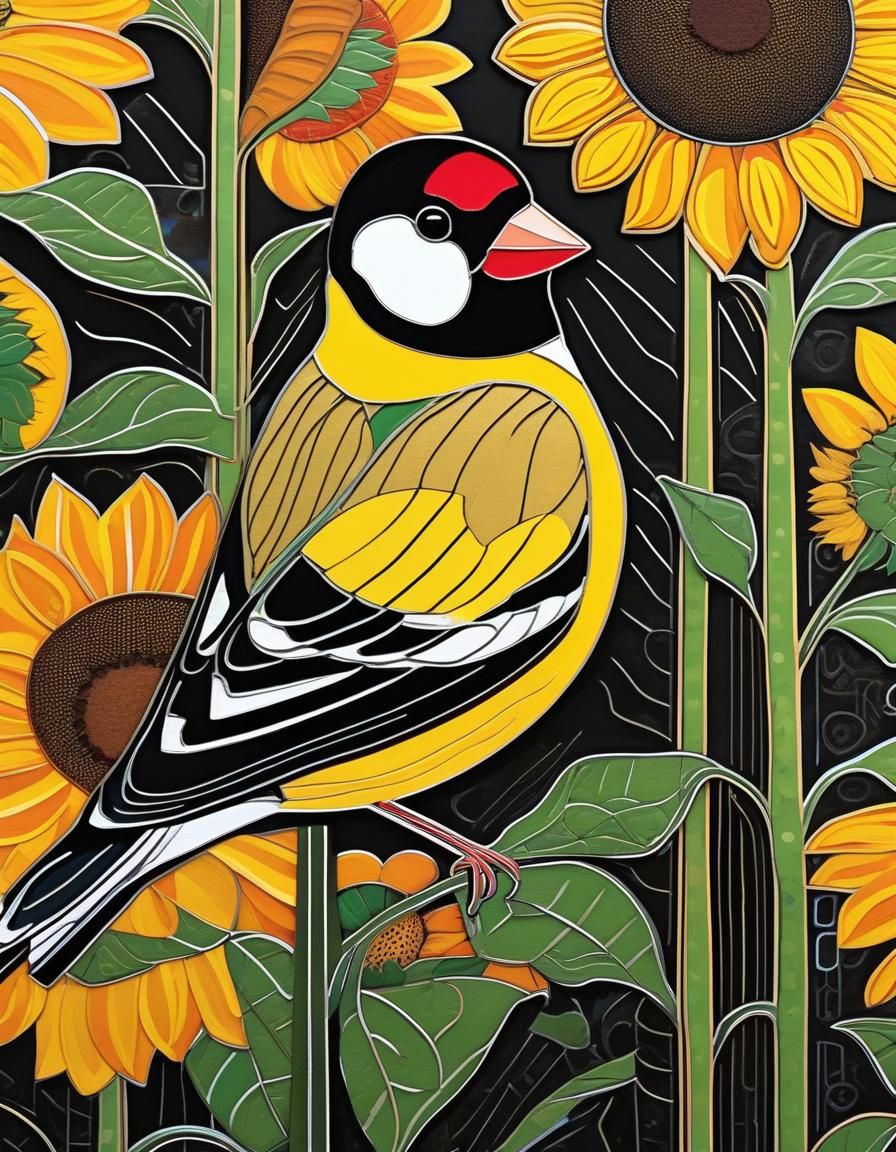 Goldfinch on Sunflower in Naive Folk Art Style