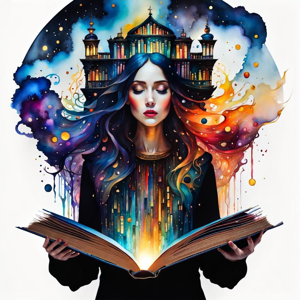 Magical Library Emerges from Open Book, Art Nouveau Style