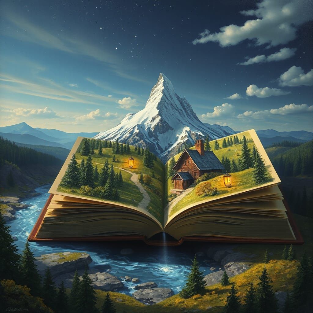 Open Book Spills Glowing Dreamscape with Mountains and Tiny ...