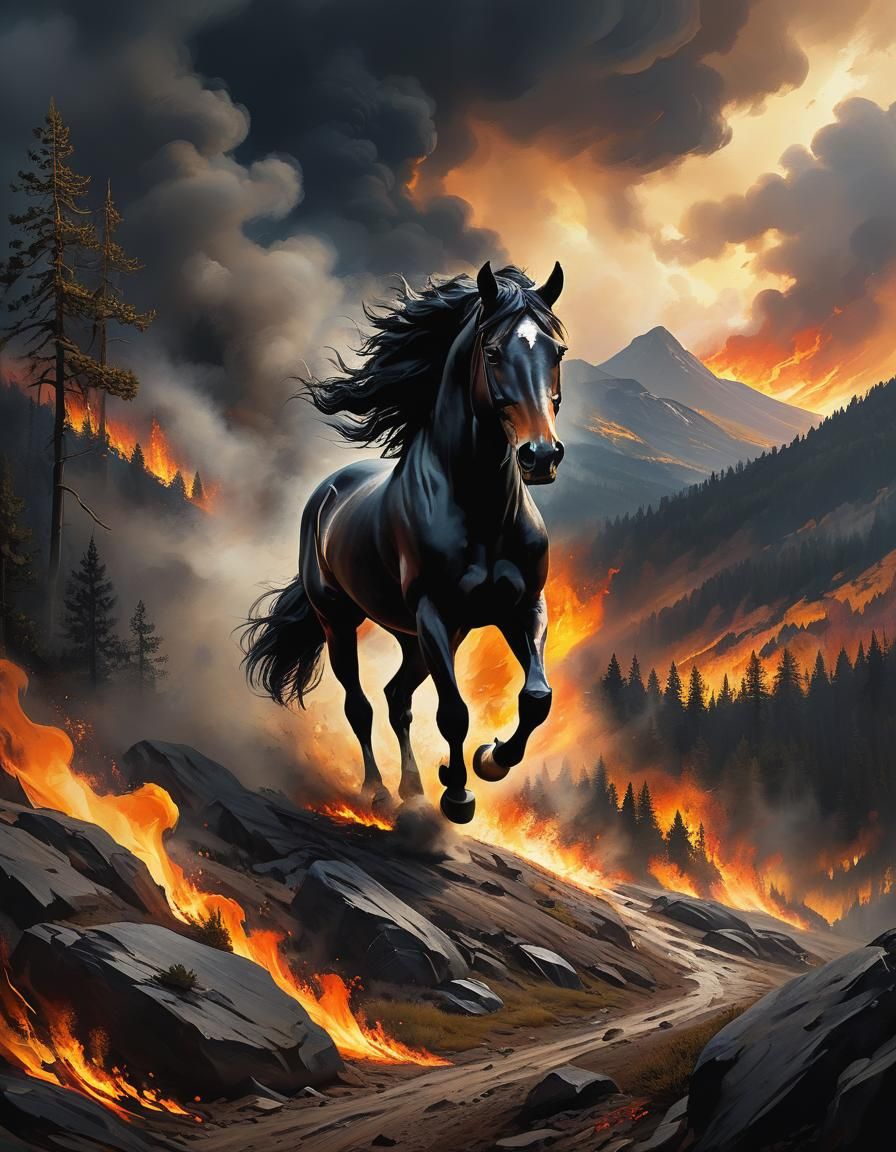 Black Horse Runs Through Burning Landscape, Oil Painting