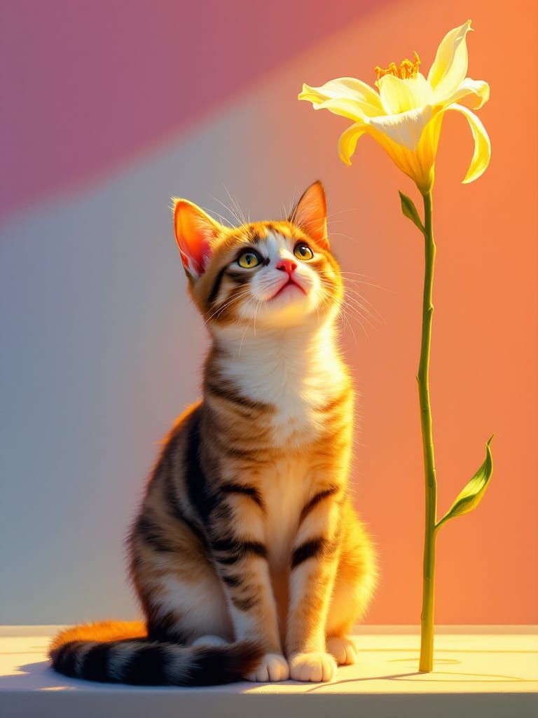 Adorable Cat Under Flower in 1960s Camp Style