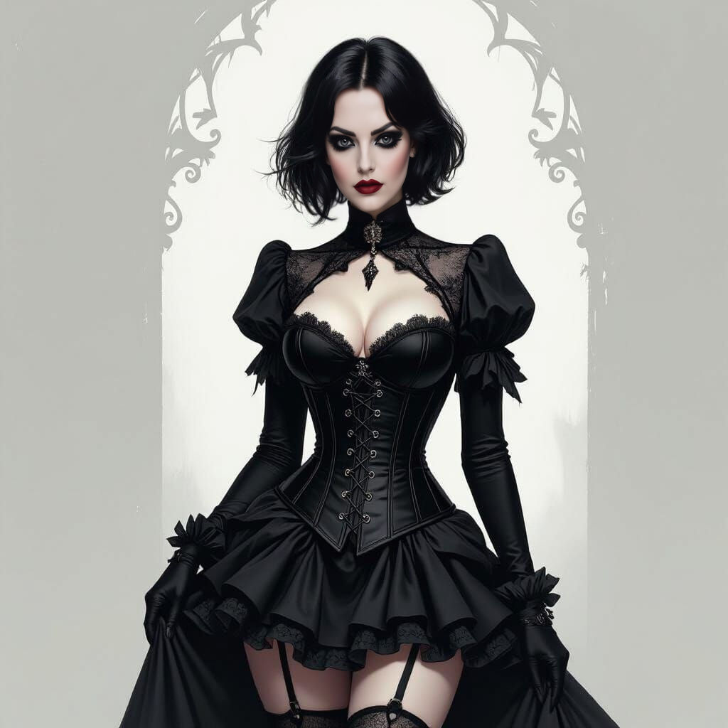 Gothic Woman in Black Corset with Dark Makeup