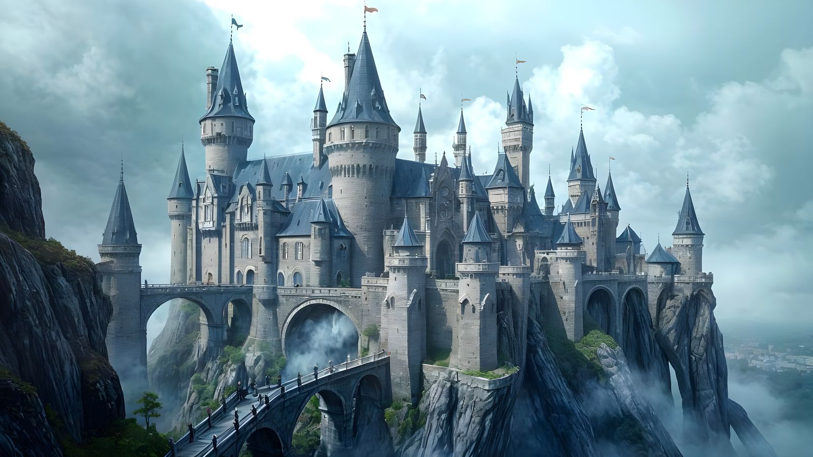 Ethereal Fantasy Castle on Cliffside with Stone Hands