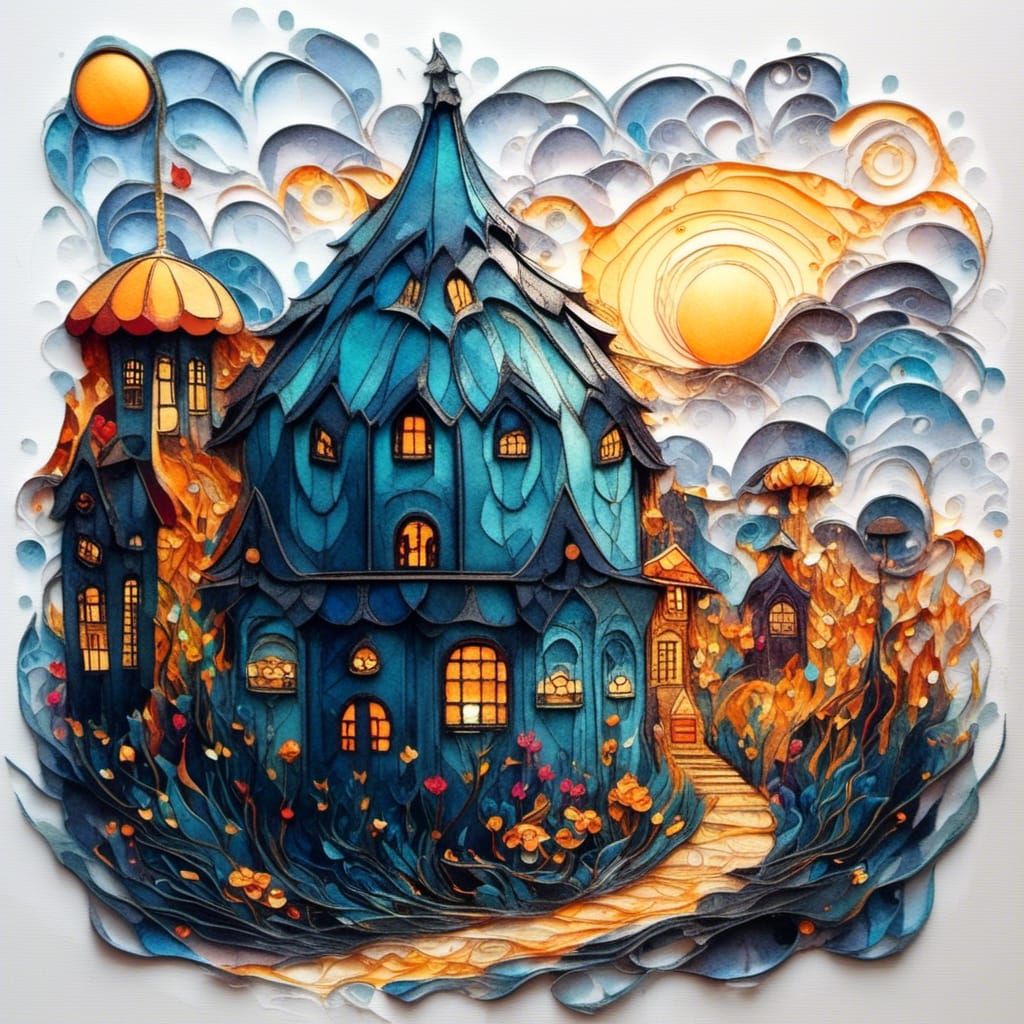 Surreal 3D Dreamscape with Ink Outlines