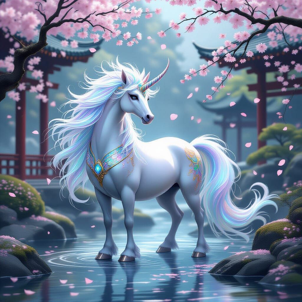 Majestic Kirin in Misty Japanese Garden with Cherry Blossoms
