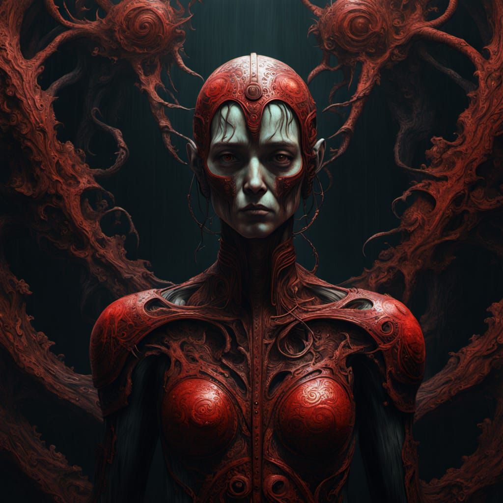 Dark Fantasy Beauty in Red Sequins and Swirling Fractals