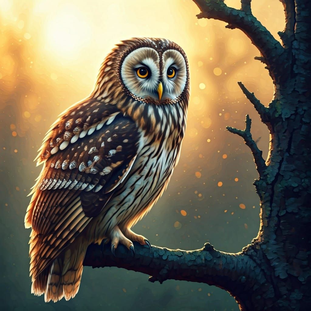 Autumn Owl in Orchard: Watercolour Sunset Scene