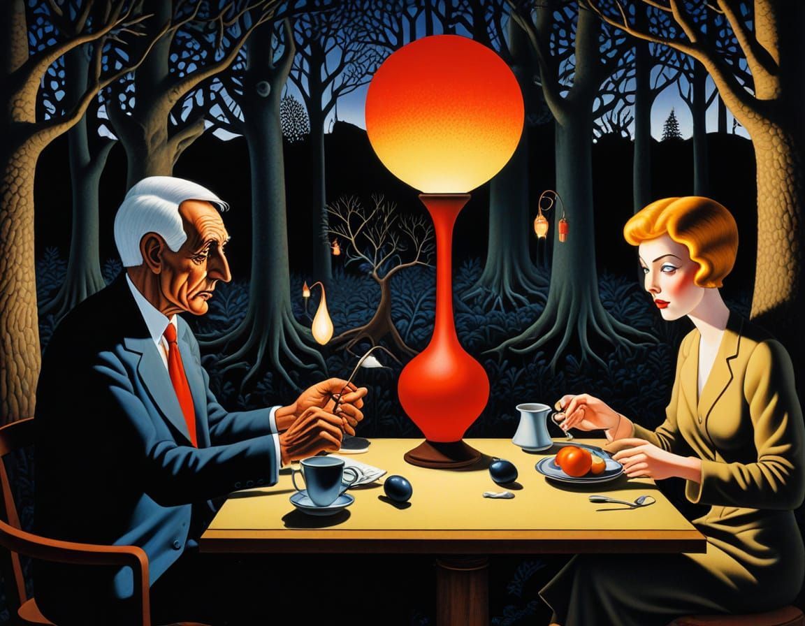 Surreal Encounter in the Woods: Comical Figurative Art