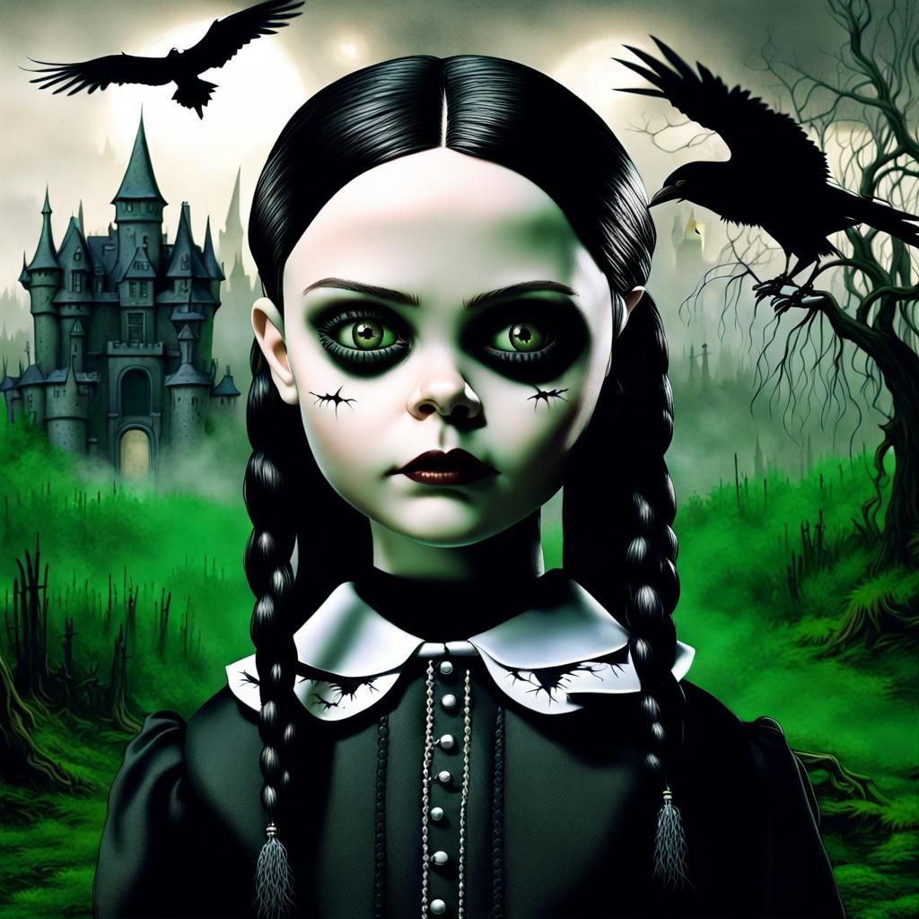 Hyperrealistic Wednesday Addams with Evil Doll Features
