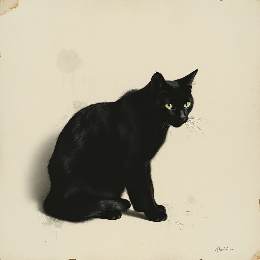 Elegant Black Cat in Hazy Ink Wash