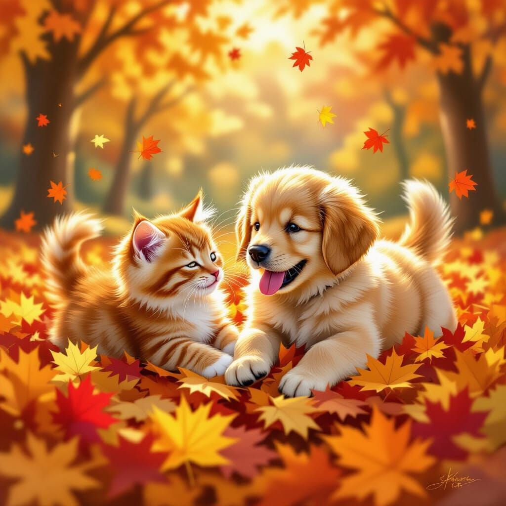 Kitten and Puppy Play in Autumn Leaves