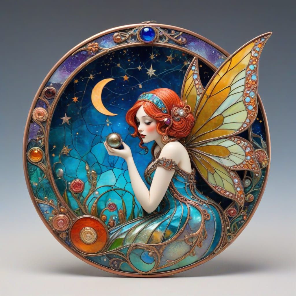 Redhead Fairy with Rainbow Snail: Stained Glass Art Nouveau