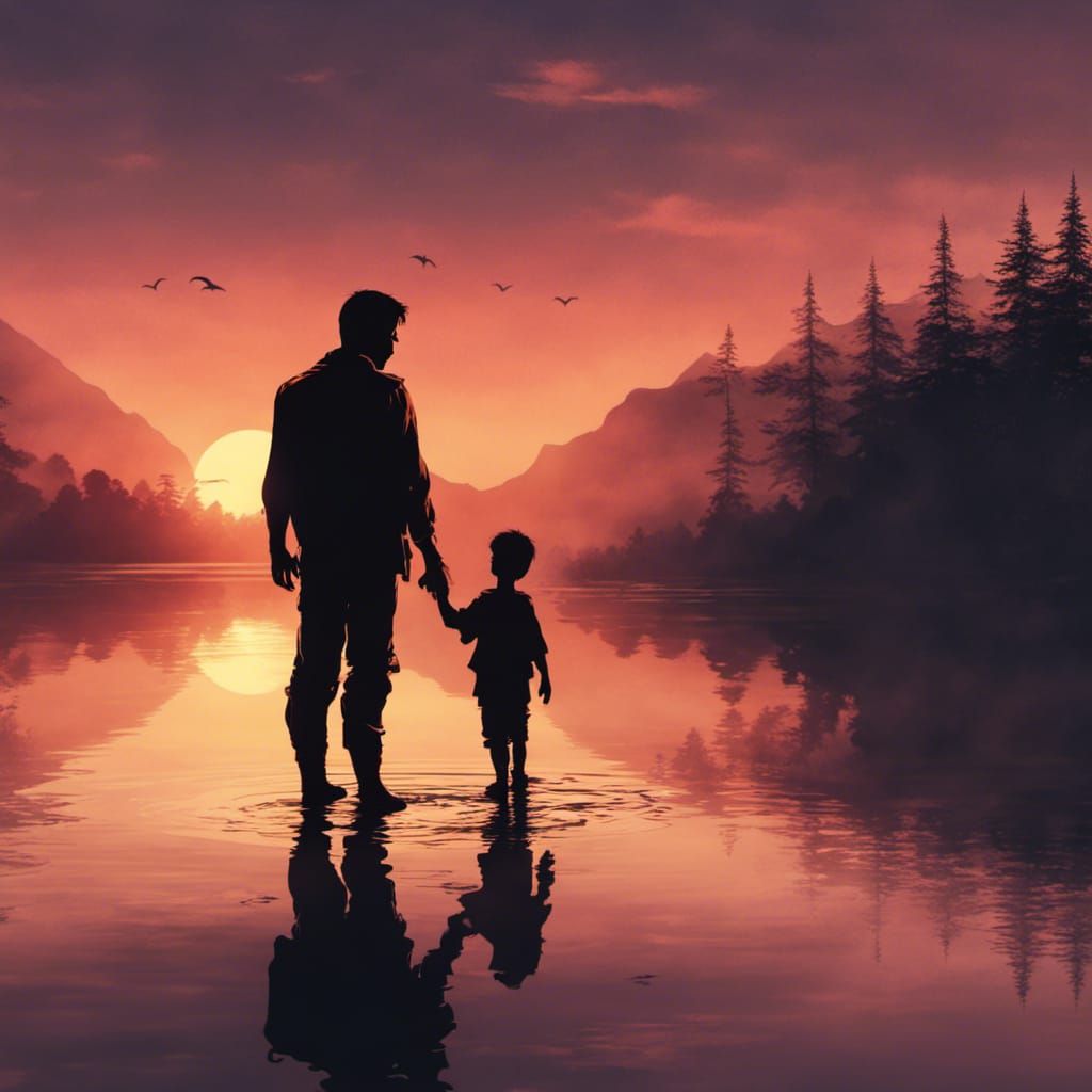 Father and Son Silhouette at Sunset: Detailed Matte Painting