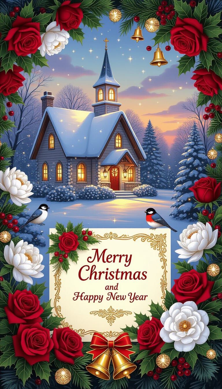 Fantasy Winter Scene: Cottage, Church, and Festive Flowers