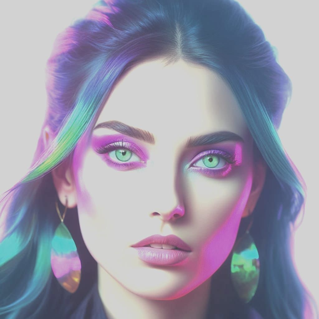Beautiful young lady with Oil slick hair with iridescent colors and green eyes with iridescent blue eyeshadow with iride...