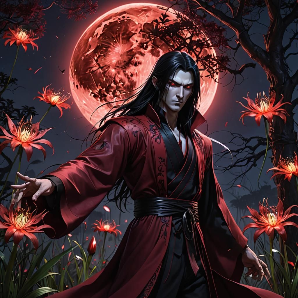 Vampire with Spider Lilies Under Blood Moon in Anime 3D