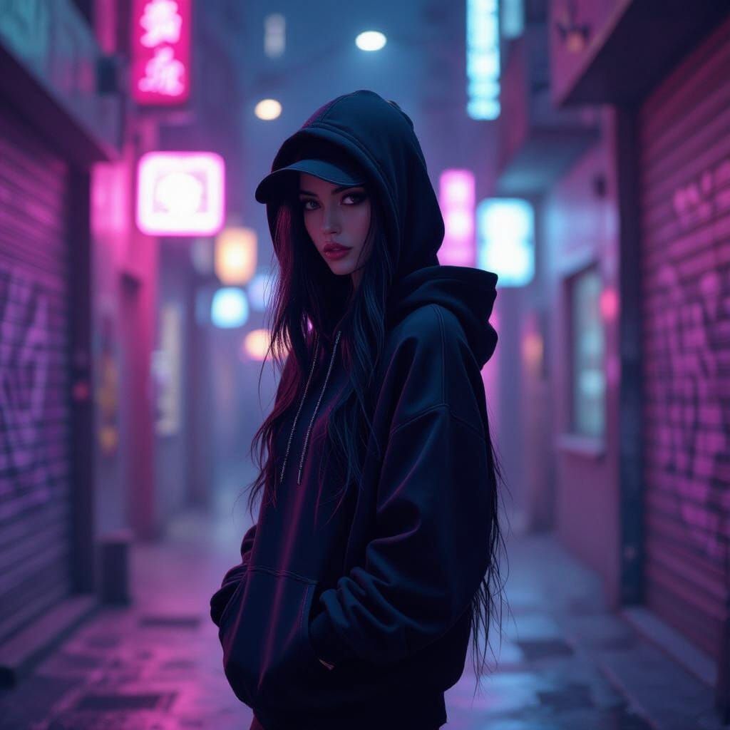Mysterious Woman in Neon Alley - Futuristic Noir