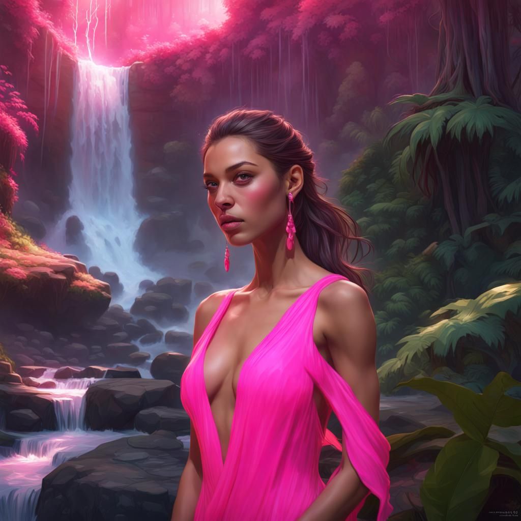 Supermodel in Neon Pink Dress by Jungle Waterfall