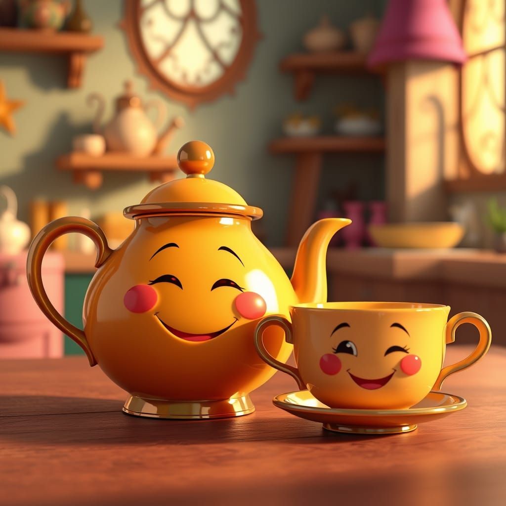 Anthropomorphic Teapot and Teacup in Pixar Animation Style