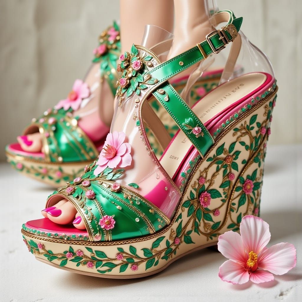 Floral Embroidered Wedge Sandals in Green and Pink