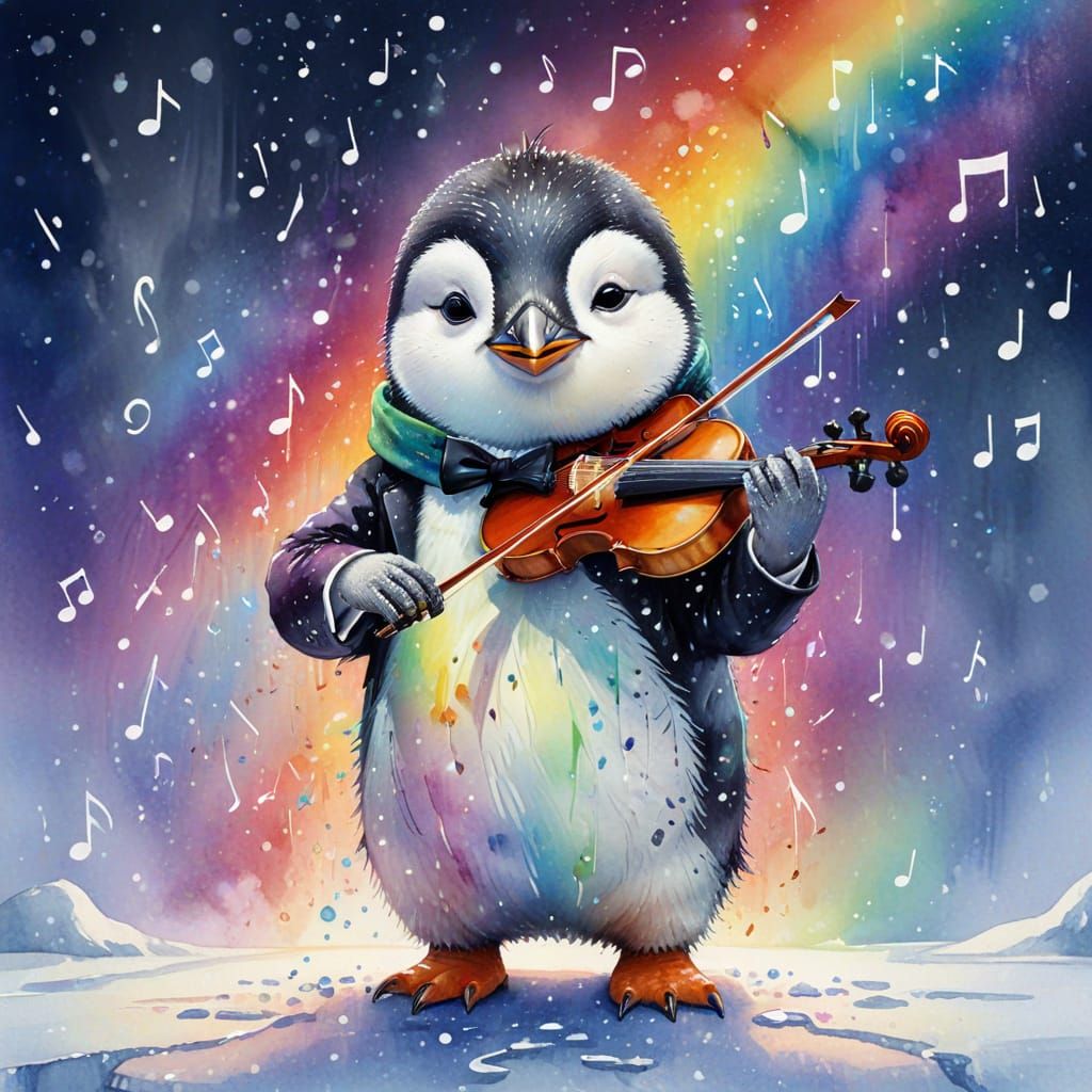Enchanted Penguin Serenade in Watercolor Woodsplash