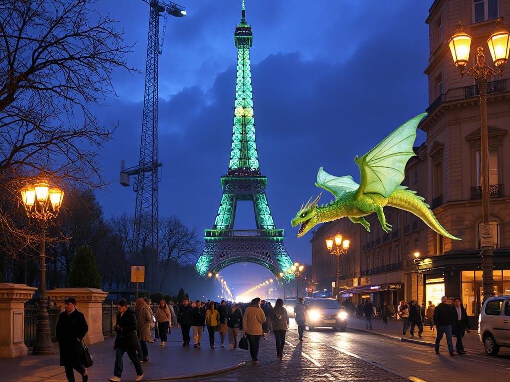 Belle Époque: Glowing Eiffel Tower with Dragons and Fairies