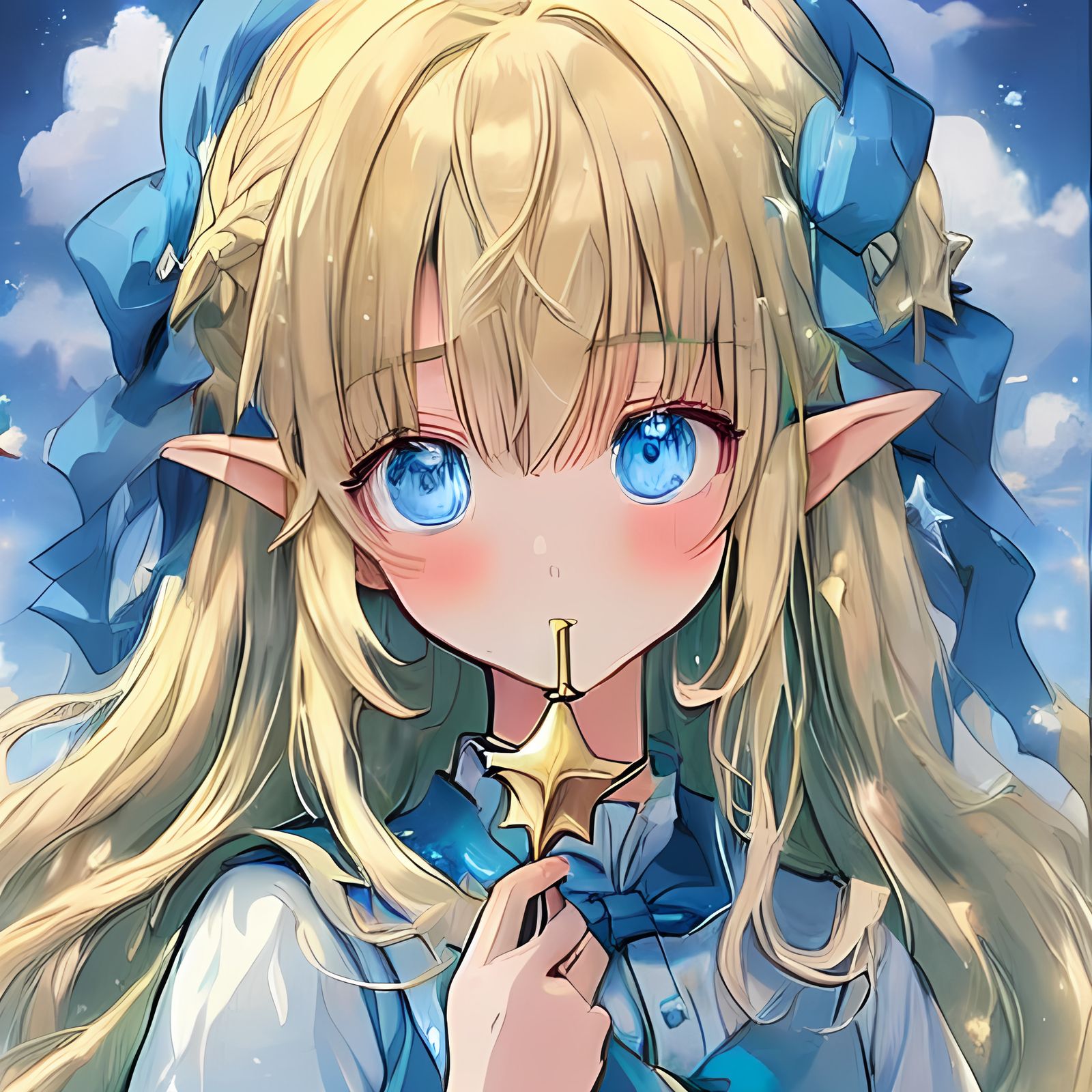 Anime Elf Girl with Blond Hair and Blue Eyes Wields a Wand