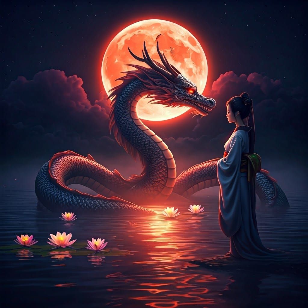 Mystical Dragon in Moonlit Lake