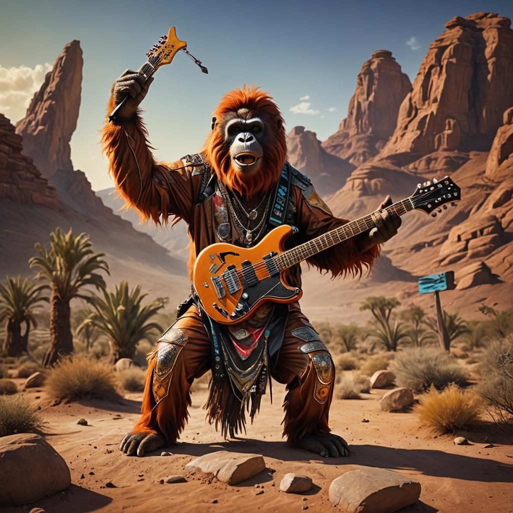 Orangutan Heavy Metal Guitarist in Desert Scene