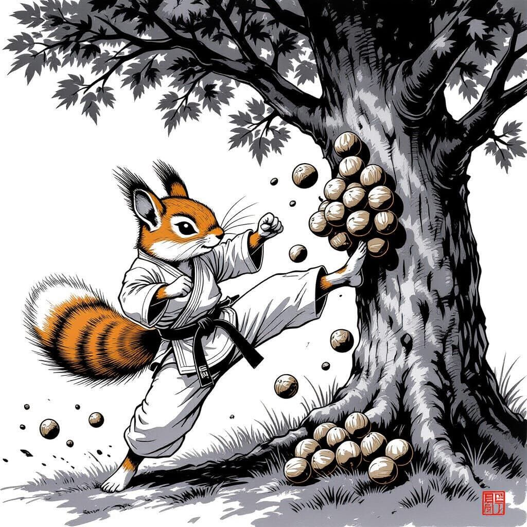 Epic Squirrel Kicks Nut Tree: Manga-Style Ink Painting
