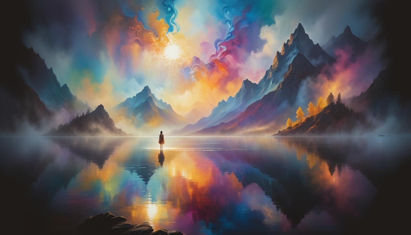 Surreal Dreamscape: Shimmering Lake in Impressionist Style