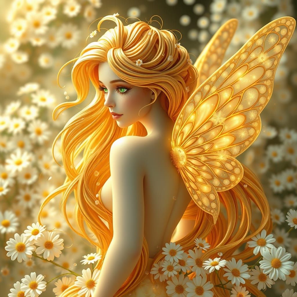 A 3D alcohol ink fractal-style artwork of a stunning fairy with a white daisies theme. The fairy has long, flowing hair ...